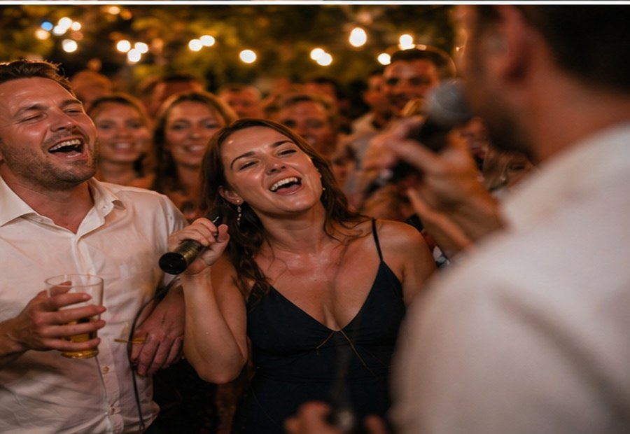 Gasten zingen mee tijdens bruiloftsfeest